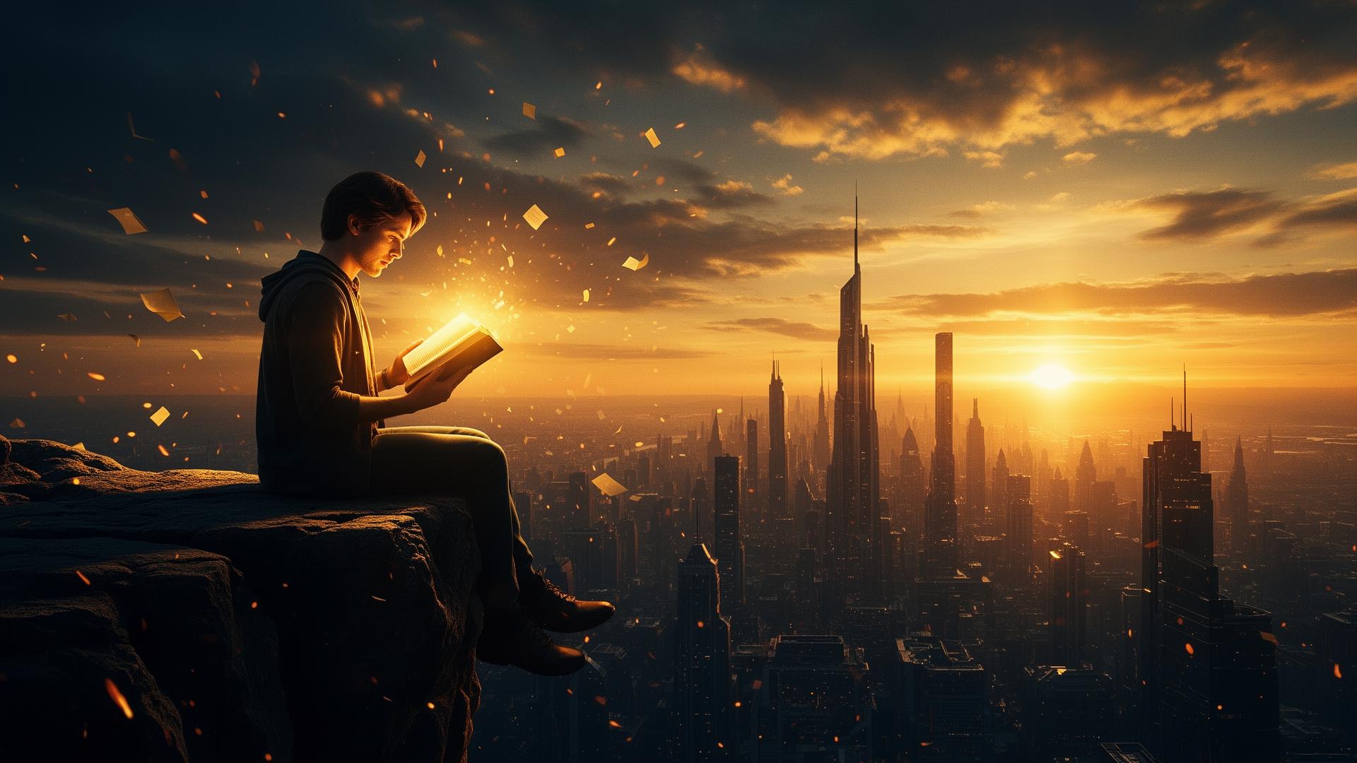 Lone reader on a cliff at sunset with a glowing book and city skyline